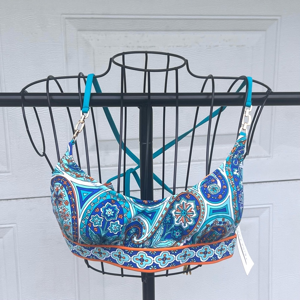 Trina Turk Women Provence Paisley Cross Back Bikini Top Blue Size 8 NWT